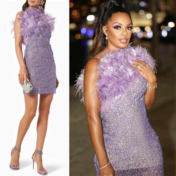 Bronx and Banco Lulu Mini Dress in Lilac with Feather Trim – Size US 8 - Picture 1 of 8